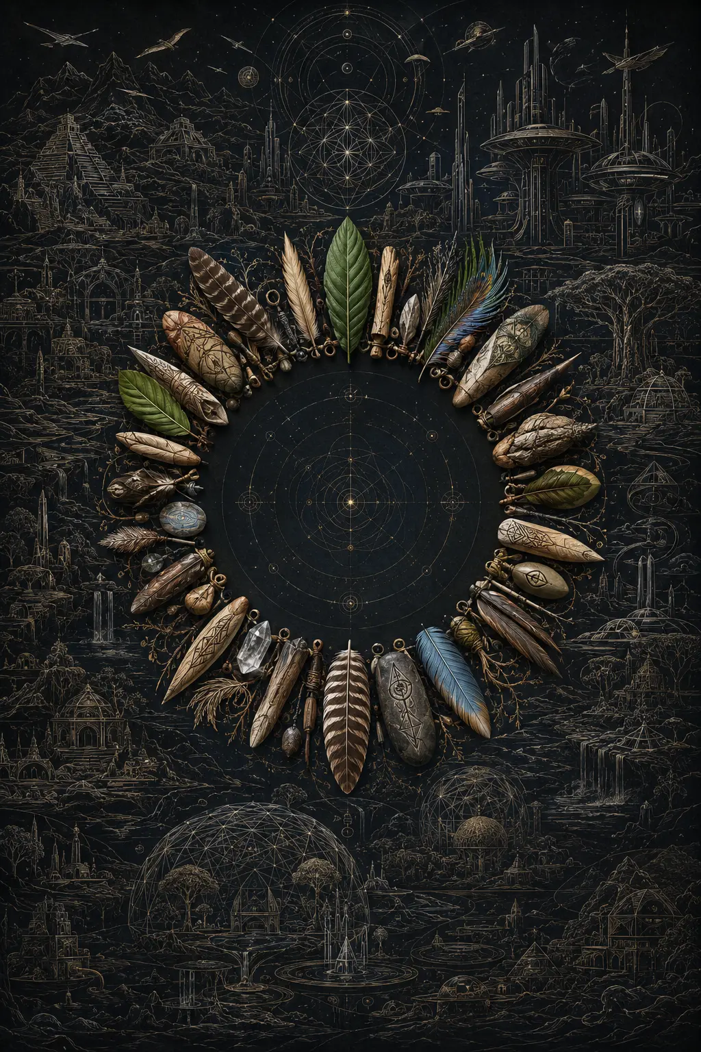 Illustrated golden gate opening onto a new world of mountains, rivers and villages