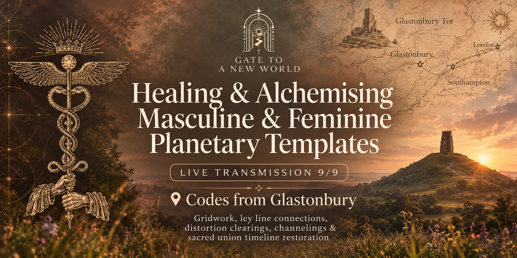 Live Transmission 9/9 poster — Healing & Alchemising Masculine & Feminine Planetary Templates, codes from Glastonbury